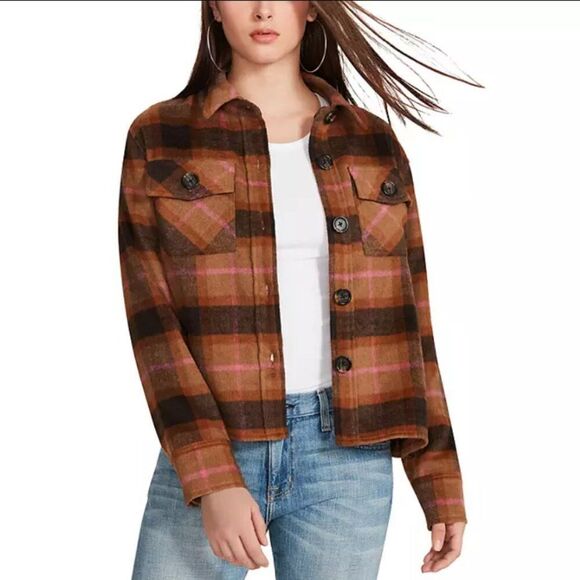 BB Dakota by Steve Madden Boxy Shacket in Cashew Plaid | Size XS - Picture 1 of 9